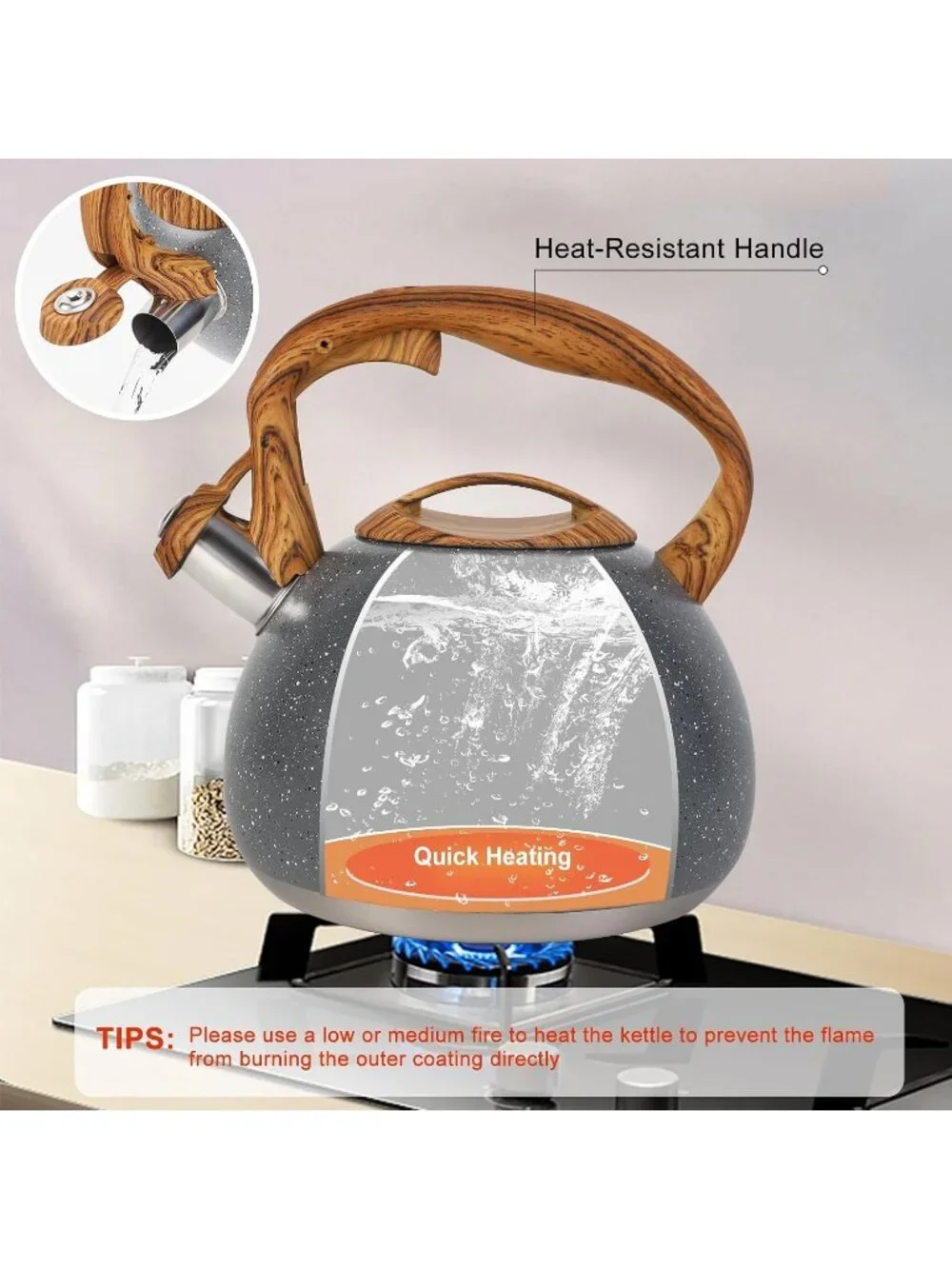 Kitchen Gray 100 OZ / 3 Liter Wood Pattern Folding Handle Whistling Tea Kettle